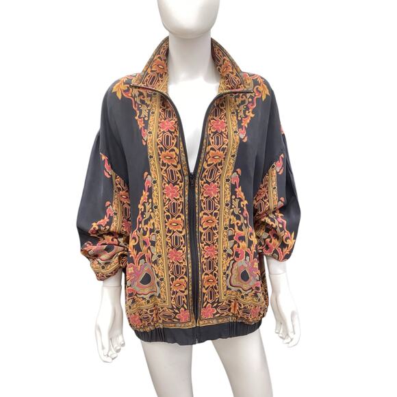 VTG WinterSilks INC. Women’s Silk Jacket Size L Black Brown Pink Zipper Pockets - Picture 2 of 5